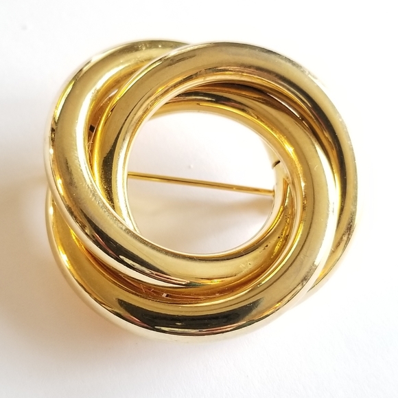 Vintage brooch open circles broach gold tone linked pin interlocking - Picture 2 of 8